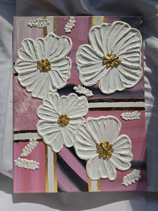 3D Flower Acrylic Painting: Pink & Gold Wall Art