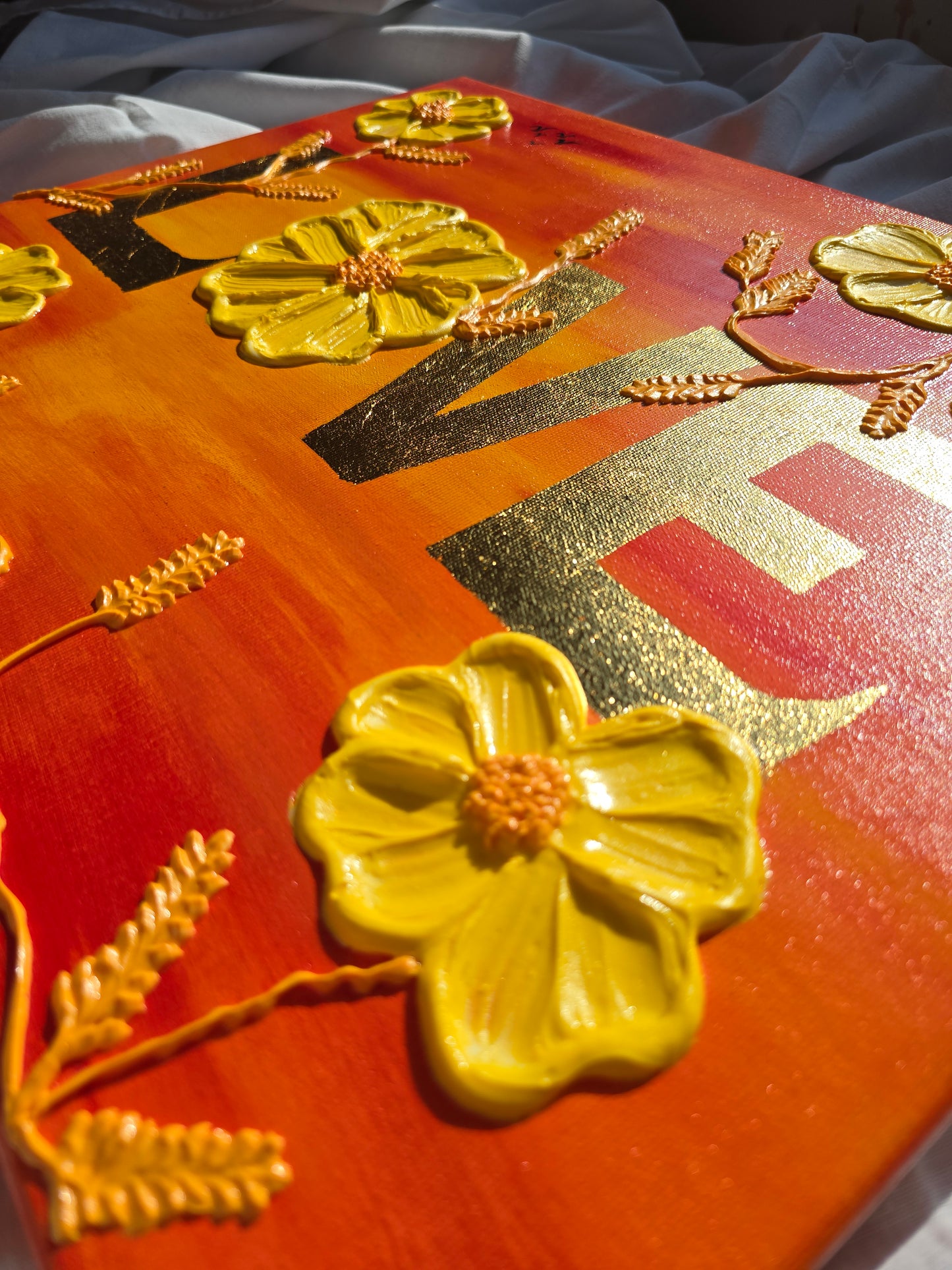 Original Acrylic 'Love' Painting: 3D Yellow Flowers, Gold Sunset (40x50cm)