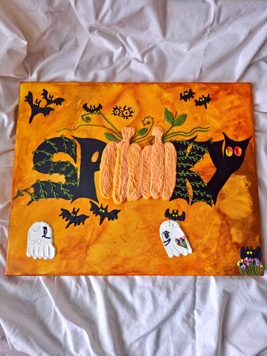 3D Halloween Painting: Spooky Pumpkin, Ghost & Bat Acrylic Art (40x50cm)