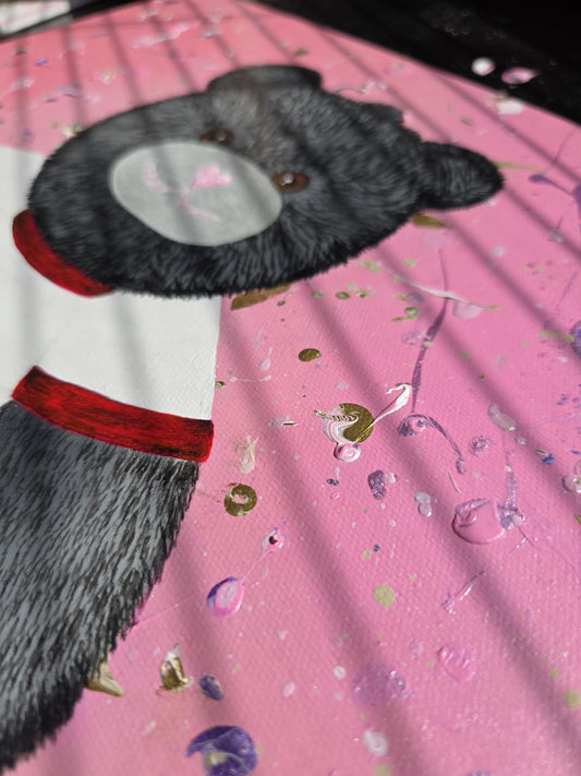 Original black teddy bear painting on pink background