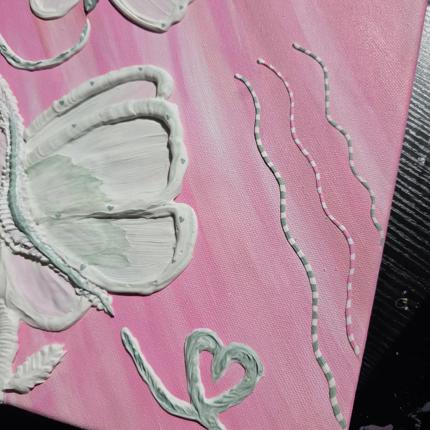 Original Pink Painting with 3D Butterflies and Other Elements
