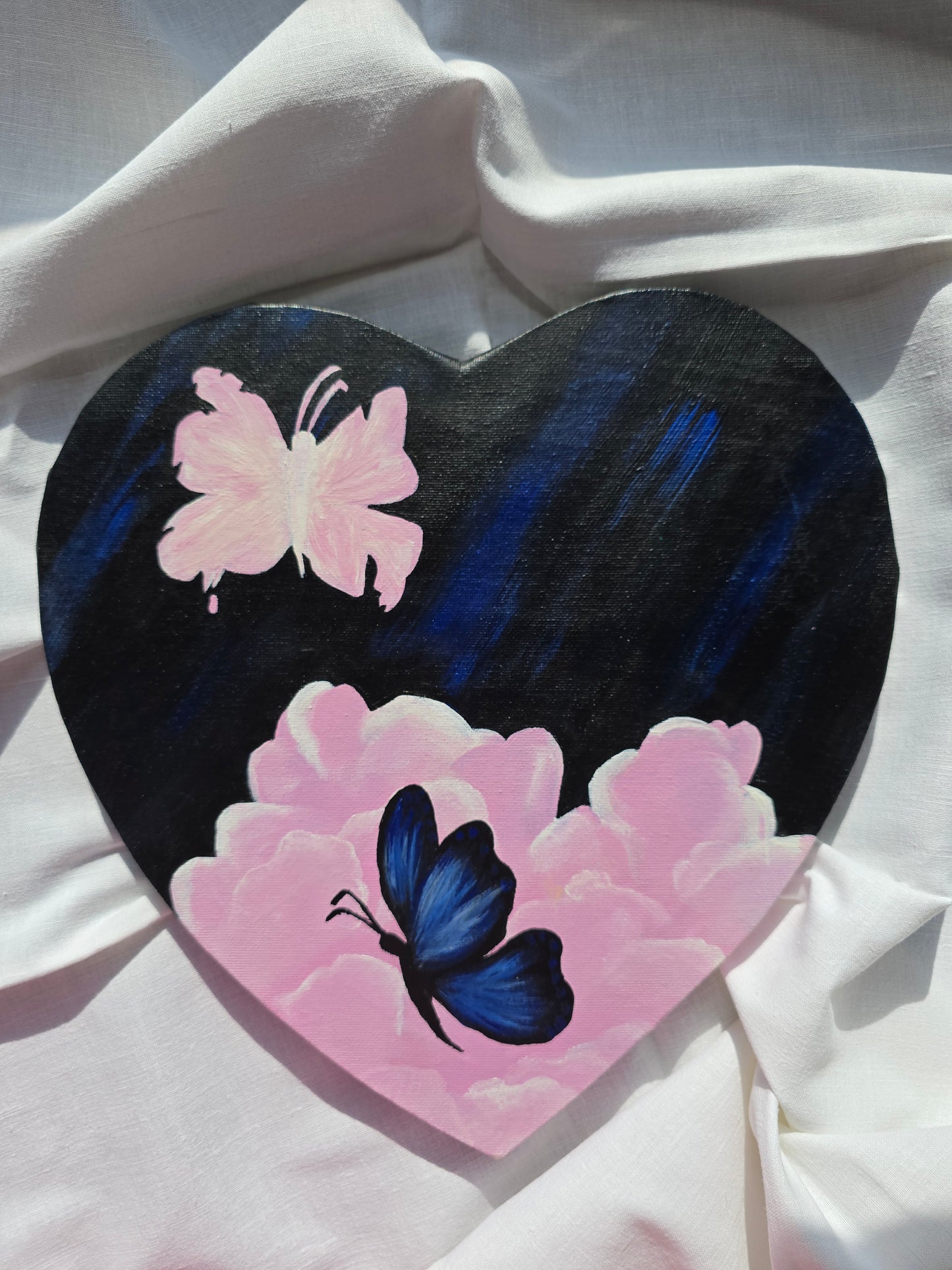 Heart Shaped Butterfly Painting: Black and Pink Acrylics on Canvas