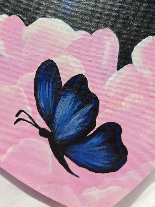Heart Shaped Butterfly Painting: Black and Pink Acrylics on Canvas
