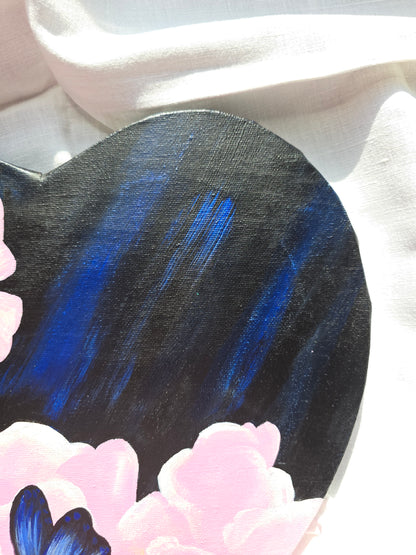 Heart Shaped Butterfly Painting: Black and Pink Acrylics on Canvas