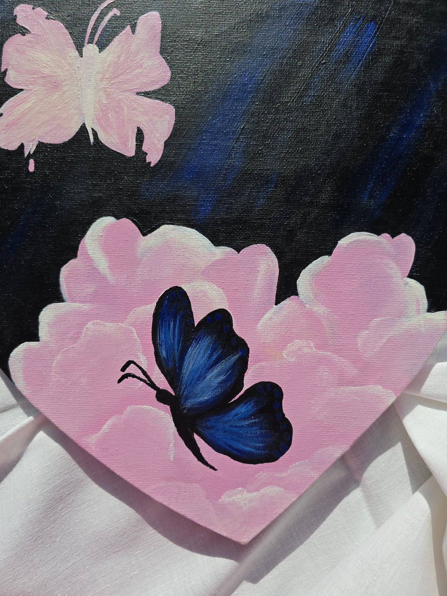 Heart Shaped Butterfly Painting: Black and Pink Acrylics on Canvas