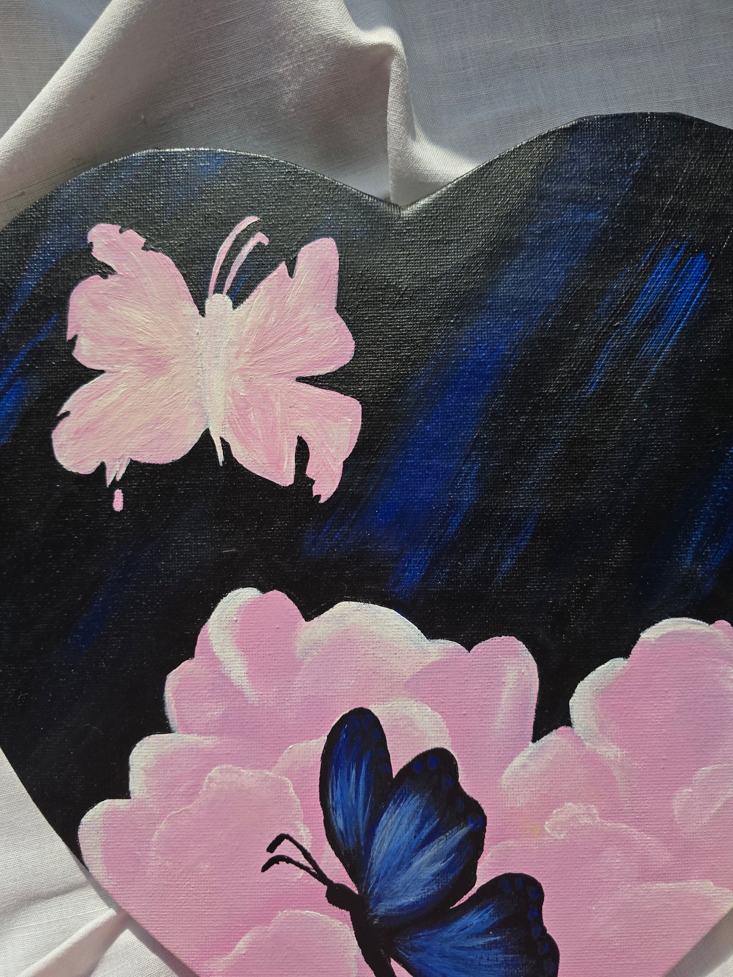 Heart Shaped Butterfly Painting: Black and Pink Acrylics on Canvas