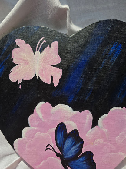 Heart Shaped Butterfly Painting: Black and Pink Acrylics on Canvas