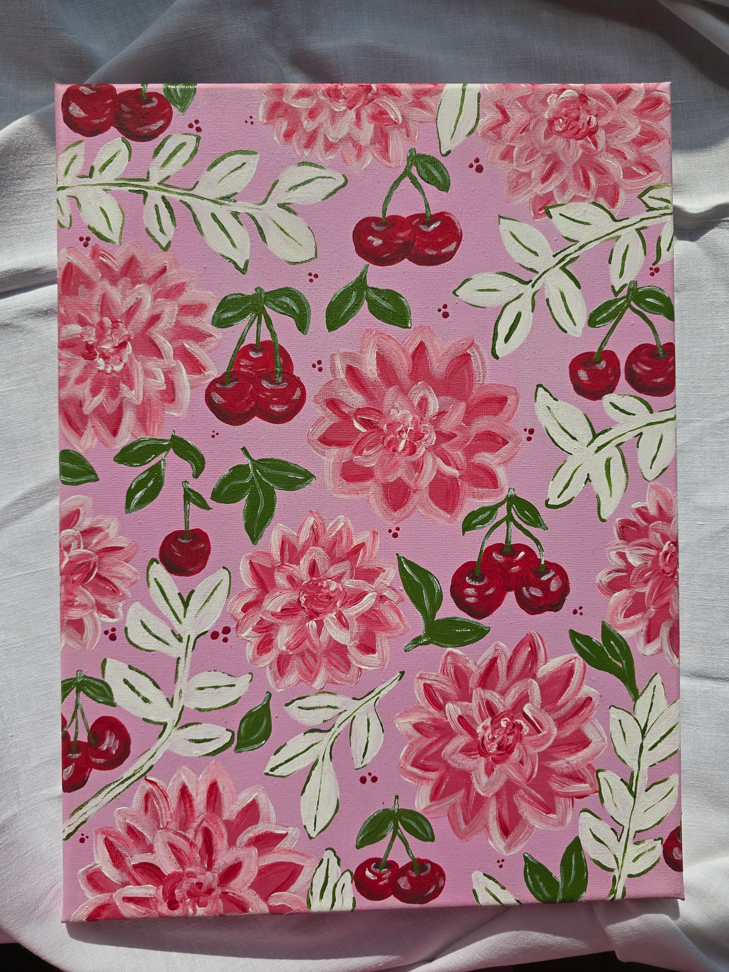 Pink Flowers & Cherries Acrylic Painting on Canvas (30x40cm)