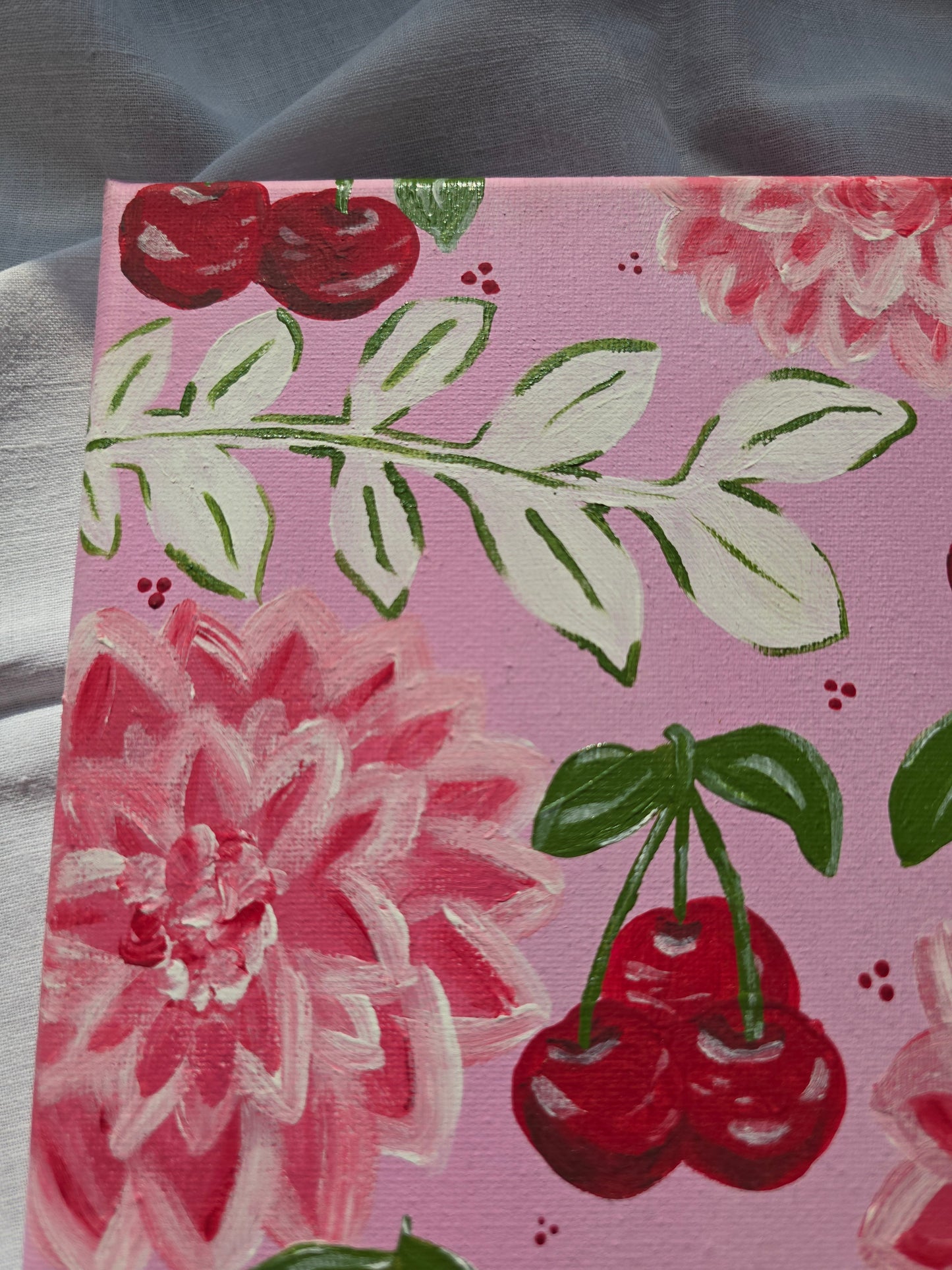 Pink Flowers & Cherries Acrylic Painting on Canvas (30x40cm)