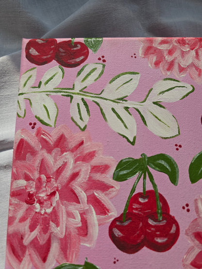 Pink Flowers & Cherries Acrylic Painting on Canvas (30x40cm)