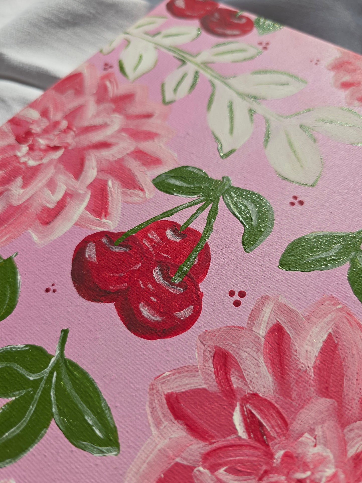 Pink Flowers & Cherries Acrylic Painting on Canvas (30x40cm)