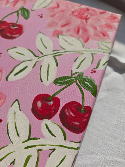Pink Flowers & Cherries Acrylic Painting on Canvas (30x40cm)