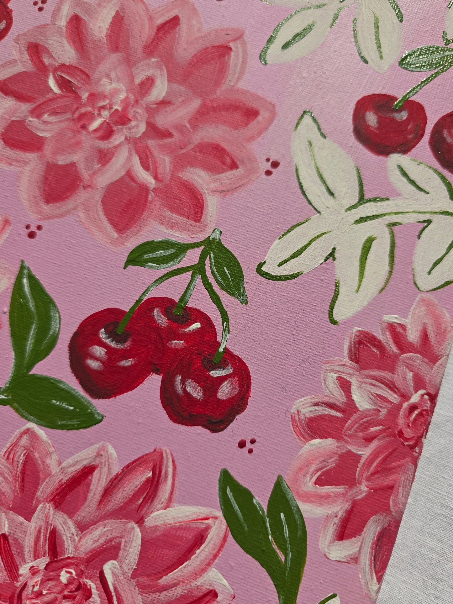 Pink Flowers & Cherries Acrylic Painting on Canvas (30x40cm)