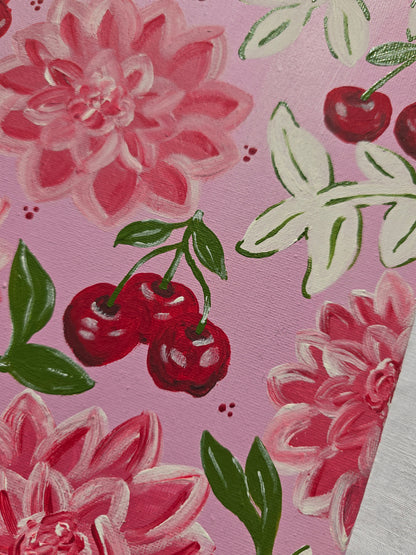 Pink Flowers & Cherries Acrylic Painting on Canvas (30x40cm)