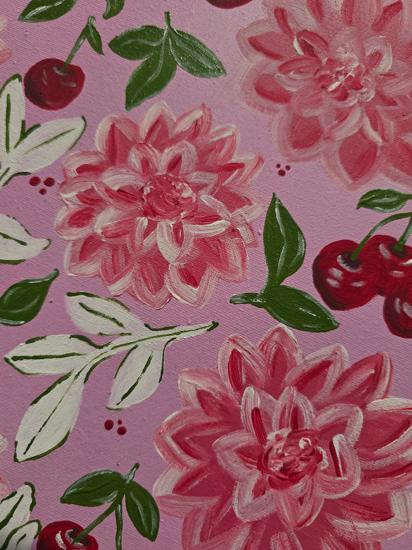 Pink Flowers & Cherries Acrylic Painting on Canvas (30x40cm)