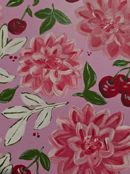 Pink Flowers & Cherries Acrylic Painting on Canvas (30x40cm)