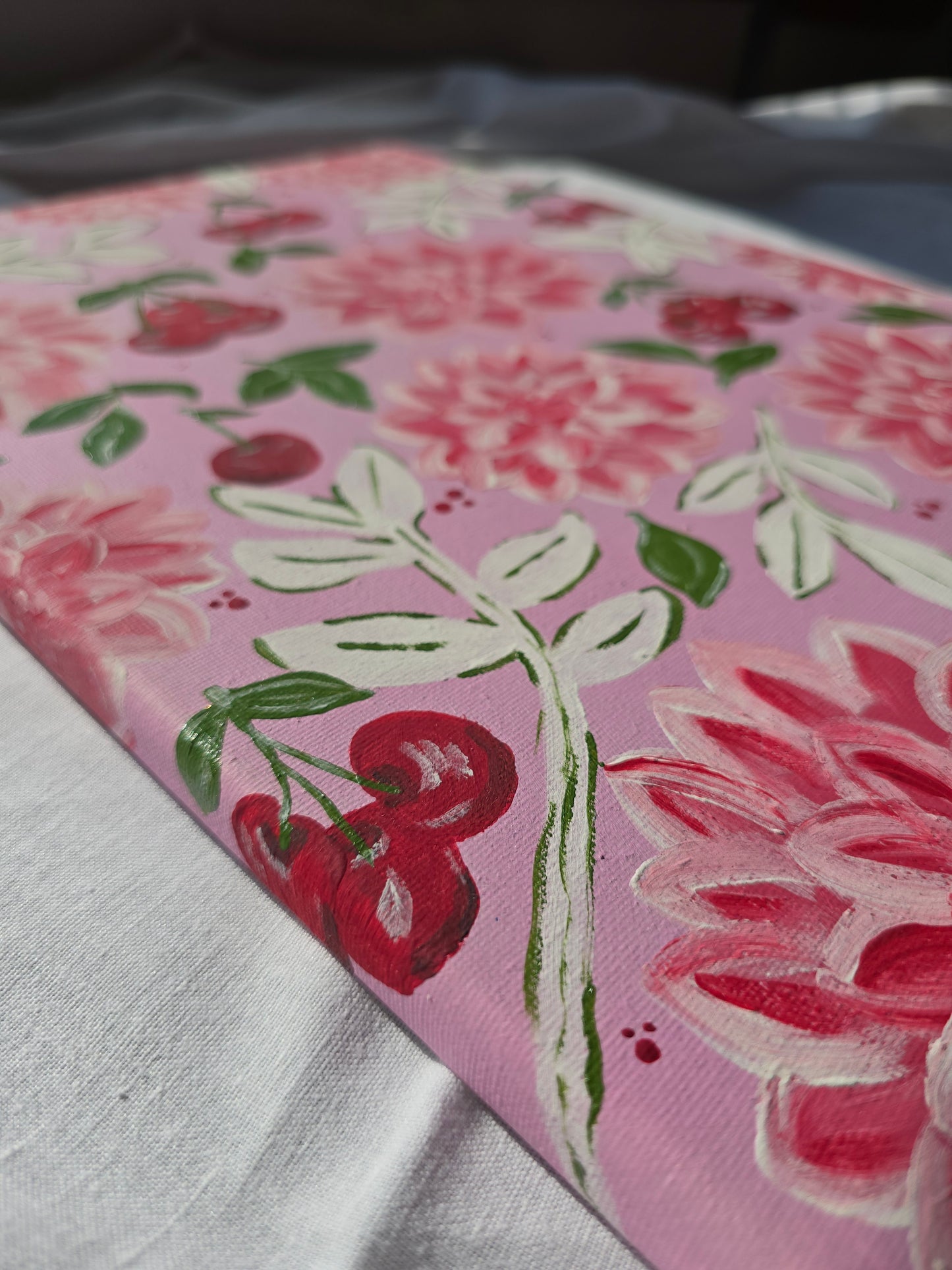 Pink Flowers & Cherries Acrylic Painting on Canvas (30x40cm)