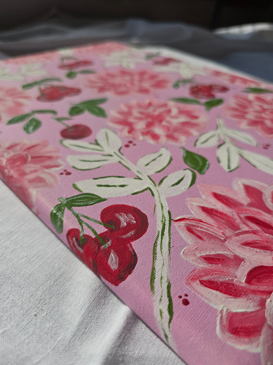 Pink Flowers & Cherries Acrylic Painting on Canvas (30x40cm)