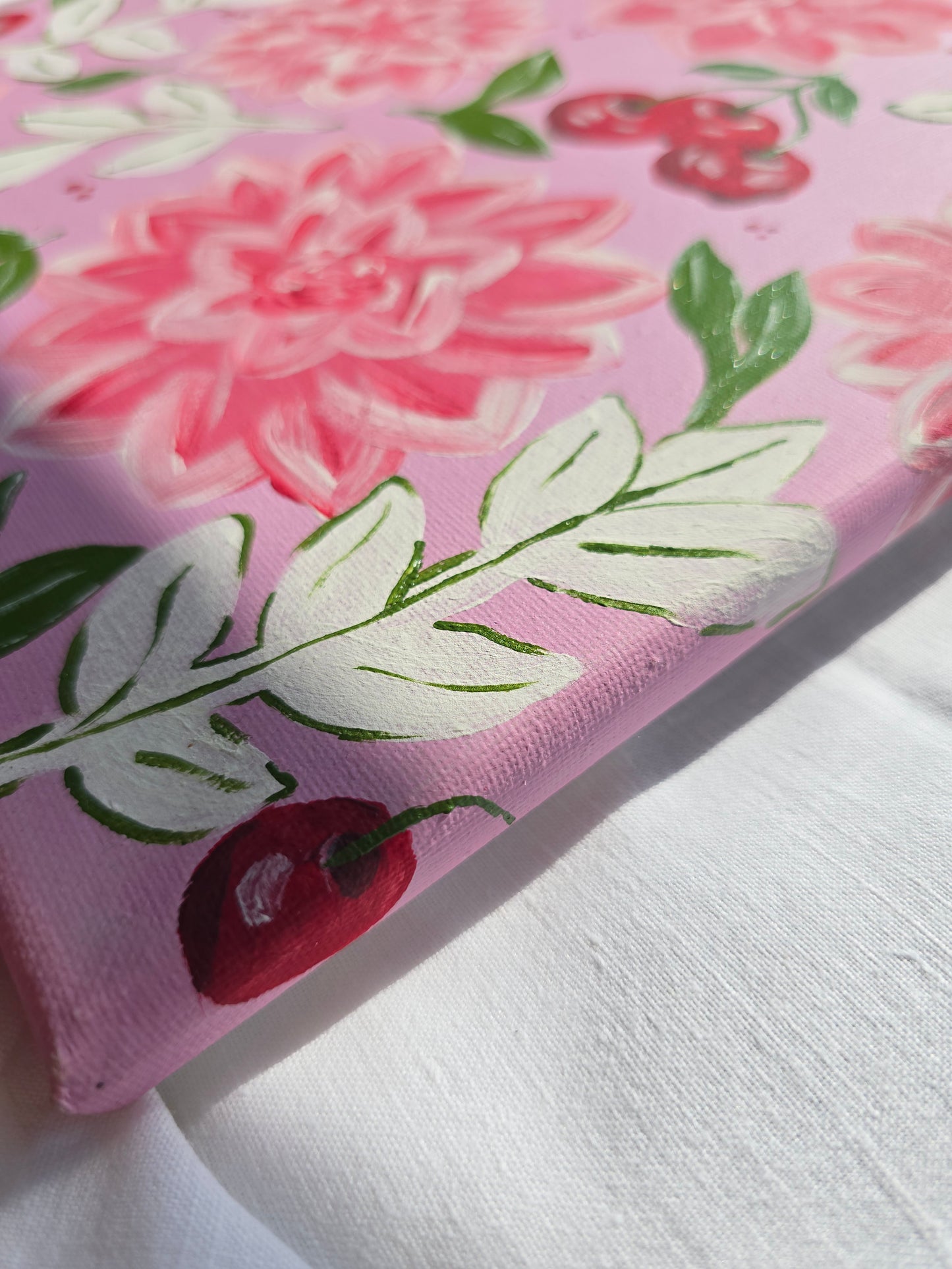 Pink Flowers & Cherries Acrylic Painting on Canvas (30x40cm)