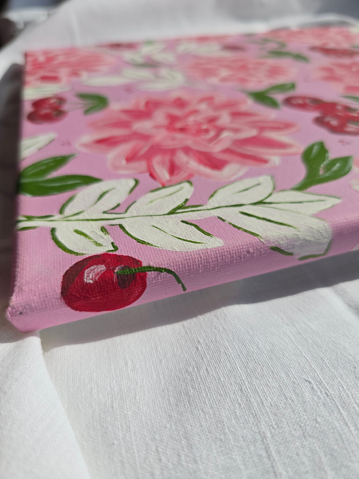 Pink Flowers & Cherries Acrylic Painting on Canvas (30x40cm)