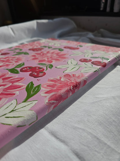 Pink Flowers & Cherries Acrylic Painting on Canvas (30x40cm)