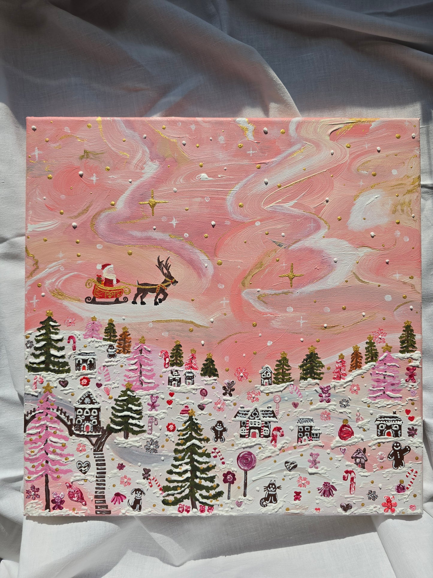 Pink Christmas Painting: 3D Snow, Santa, Gingerbread Village