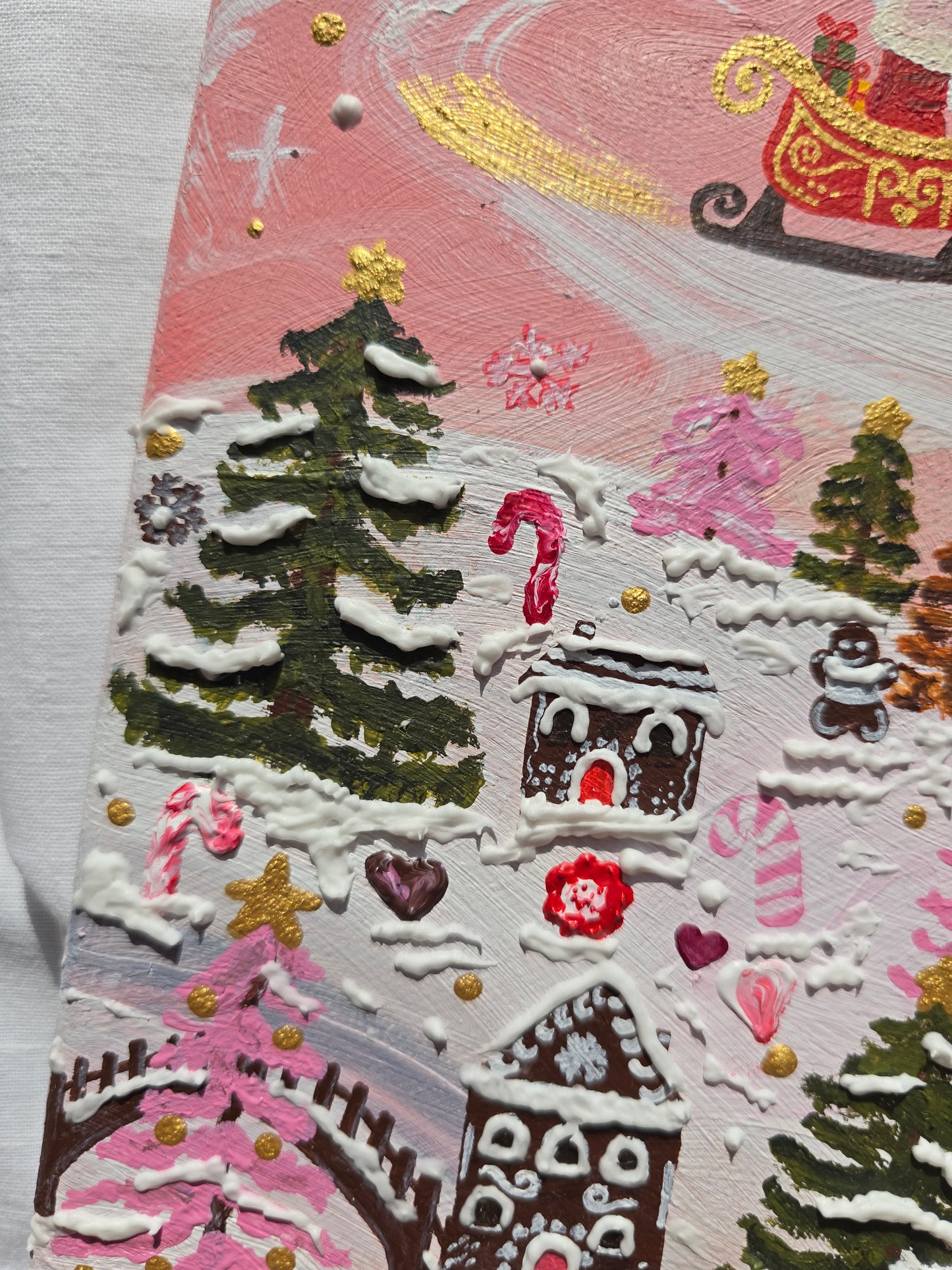 Pink Christmas Painting: 3D Snow, Santa, Gingerbread Village