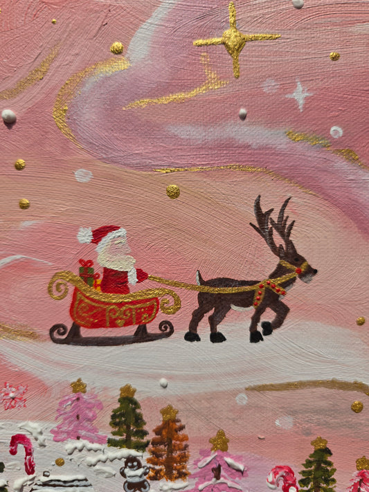 Pink Christmas Painting: 3D Snow, Santa, Gingerbread Village
