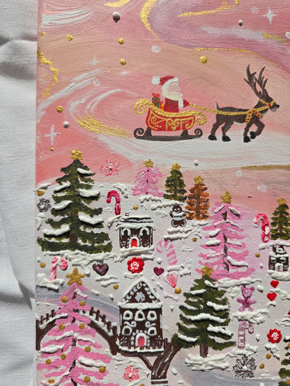 Pink Christmas Painting: 3D Snow, Santa, Gingerbread Village