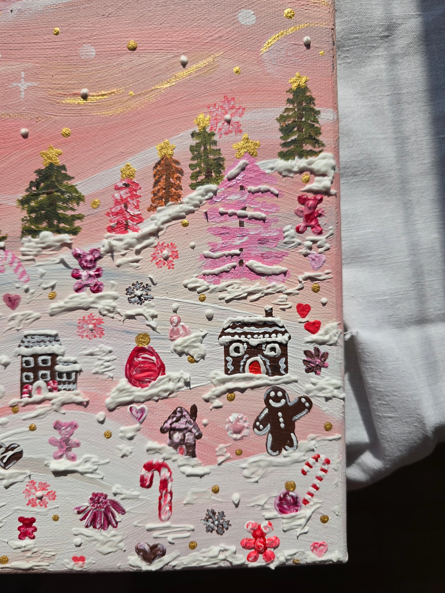 Pink Christmas Painting: 3D Snow, Santa, Gingerbread Village