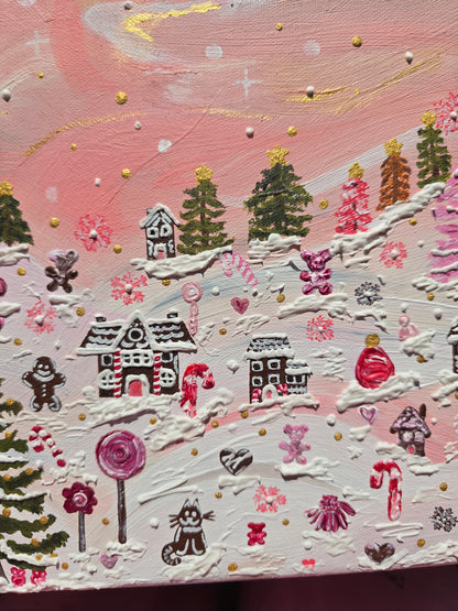 Pink Christmas Painting: 3D Snow, Santa, Gingerbread Village