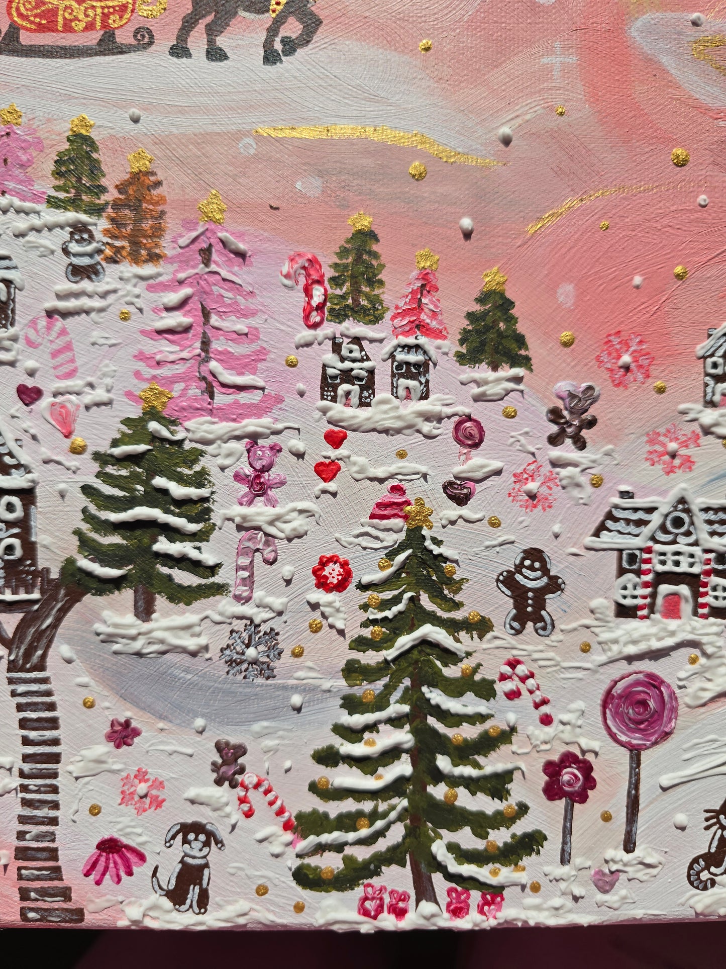 Pink Christmas Painting: 3D Snow, Santa, Gingerbread Village