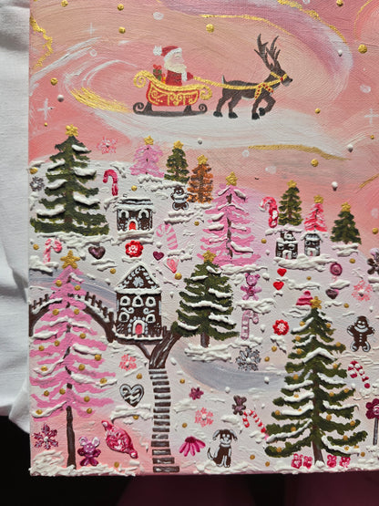 Pink Christmas Painting: 3D Snow, Santa, Gingerbread Village