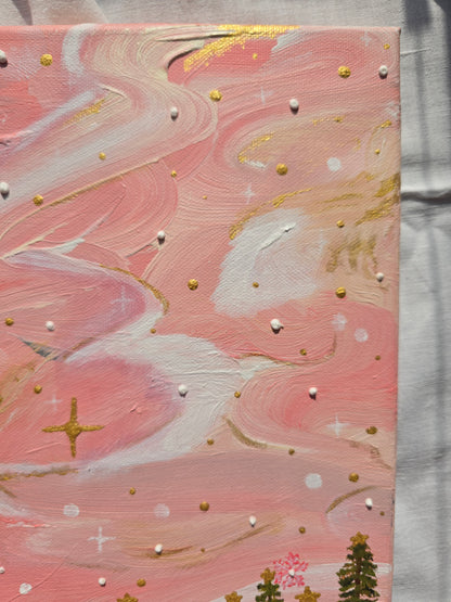 Pink Christmas Painting: 3D Snow, Santa, Gingerbread Village