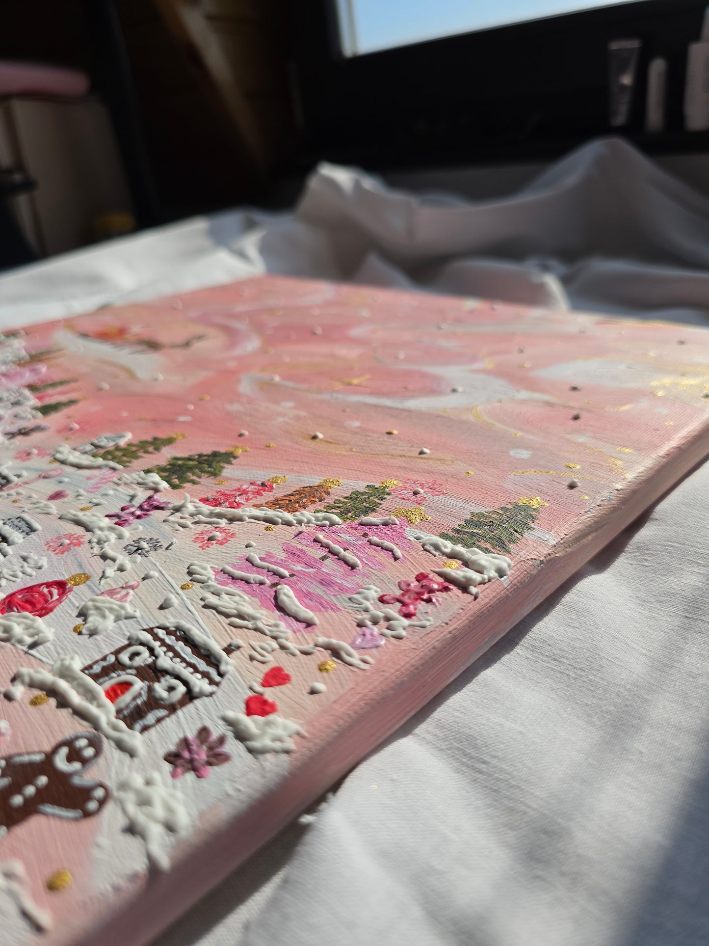 Pink Christmas Painting: 3D Snow, Santa, Gingerbread Village