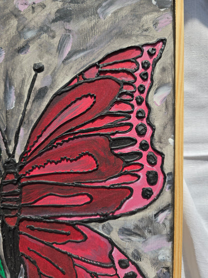 Textured Butterfly Flower Painting: 3D Acrylic Art on Canvas (30x40 cm)