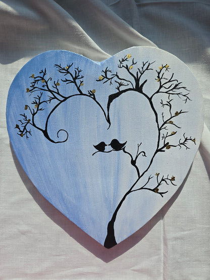 Heart Canvas Tree Painting with Birds: Romantic Acrylic Art