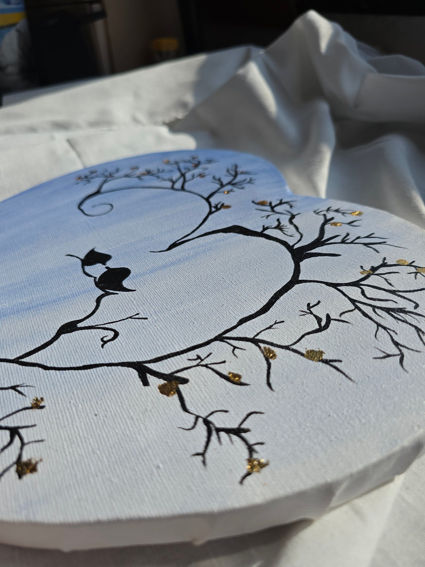 Heart Canvas Tree Painting with Birds: Romantic Acrylic Art