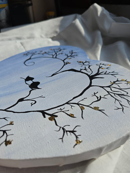 Heart Canvas Tree Painting with Birds: Romantic Acrylic Art