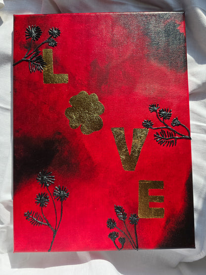 Gold Leaf LOVE Painting: Red & Black Floral Canvas Art (30x40cm)