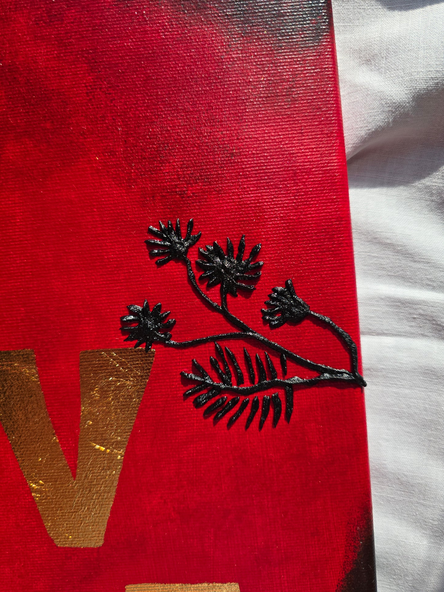 Gold Leaf LOVE Painting: Red & Black Floral Canvas Art (30x40cm)