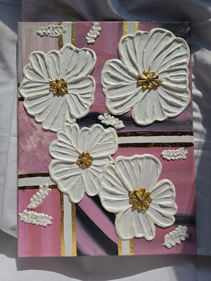 3D Flower Acrylic Painting: Pink & Gold Wall Art