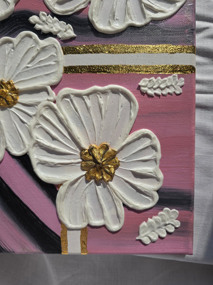 3D Flower Acrylic Painting: Pink & Gold Wall Art