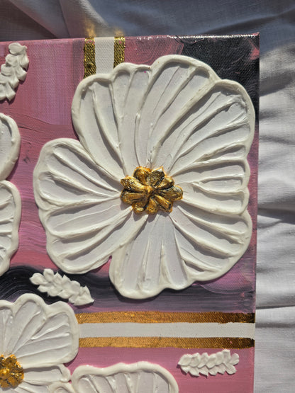 3D Flower Acrylic Painting: Pink & Gold Wall Art