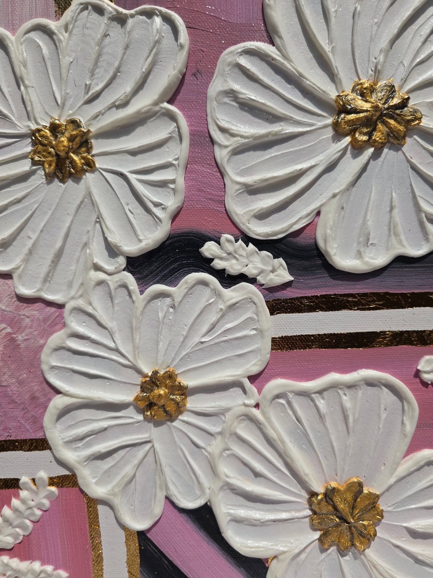 3D Flower Acrylic Painting: Pink & Gold Wall Art