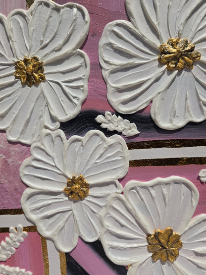 3D Flower Acrylic Painting: Pink & Gold Wall Art