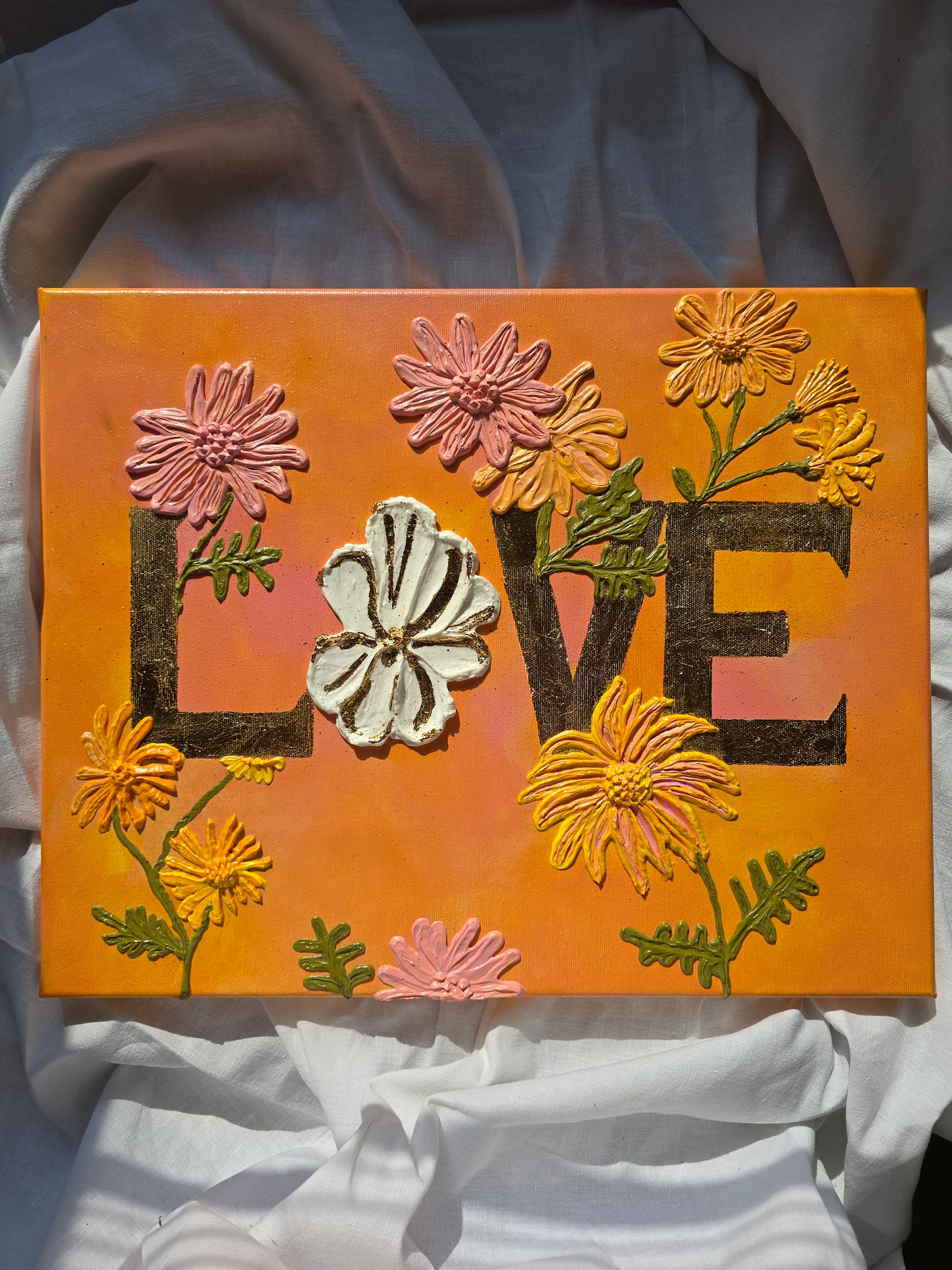 Gold 'Love' Acrylic Painting with 3D Flowers (40x50cm)