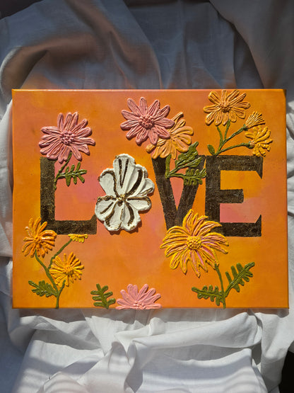 Gold 'Love' Acrylic Painting with 3D Flowers (40x50cm)
