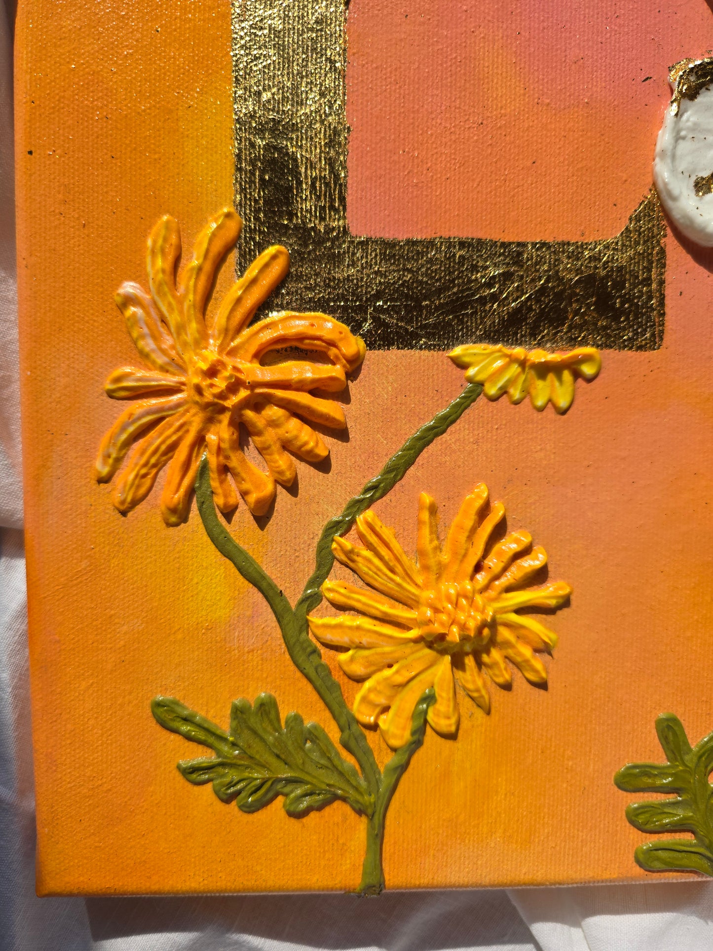 Gold 'Love' Acrylic Painting with 3D Flowers (40x50cm)