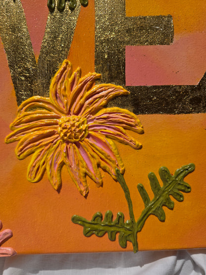 Gold 'Love' Acrylic Painting with 3D Flowers (40x50cm)